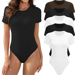 5 Pack Body Suits for Womens Short Sleeve Round Neck Casual Stretchy Basic T Shirt Bodysuit Tops