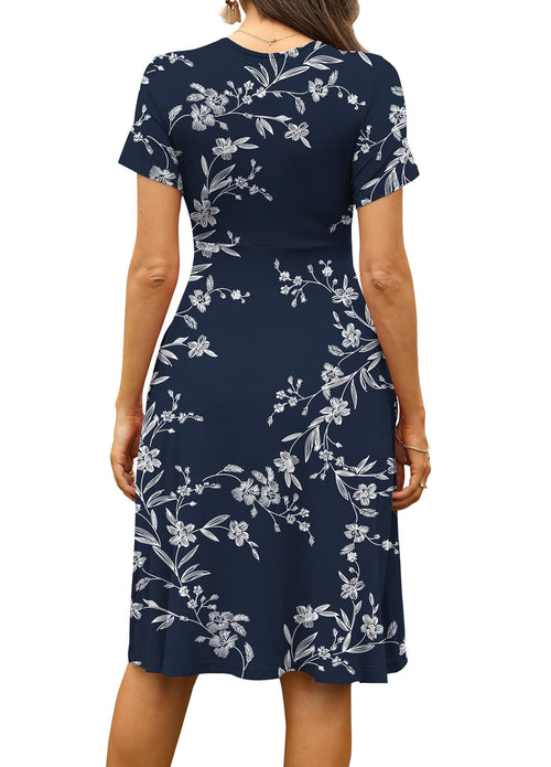 Casual  Short Sleeve V-Neck Floral Party Dress with Pockets