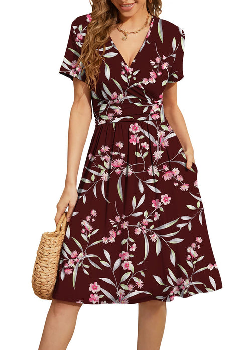 Casual  Short Sleeve V-Neck Floral Party Dress with Pockets