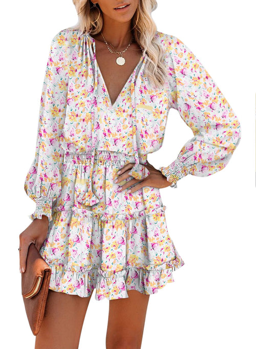 Floral Drawstring V Neck Smocked Long Sleeve Ruffle Tiered Chiffon