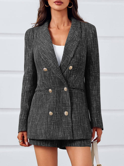 Cicy Bell  2 Piece Tweed Blazer Shorts Sets Long Sleeve Double Breasted Suit Jackets Business Outfit