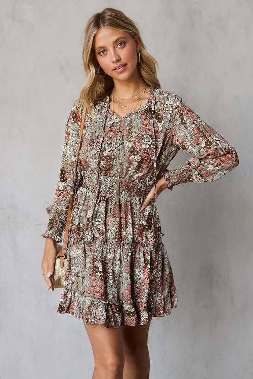 Floral Drawstring V Neck Smocked Long Sleeve Ruffle Tiered Chiffon