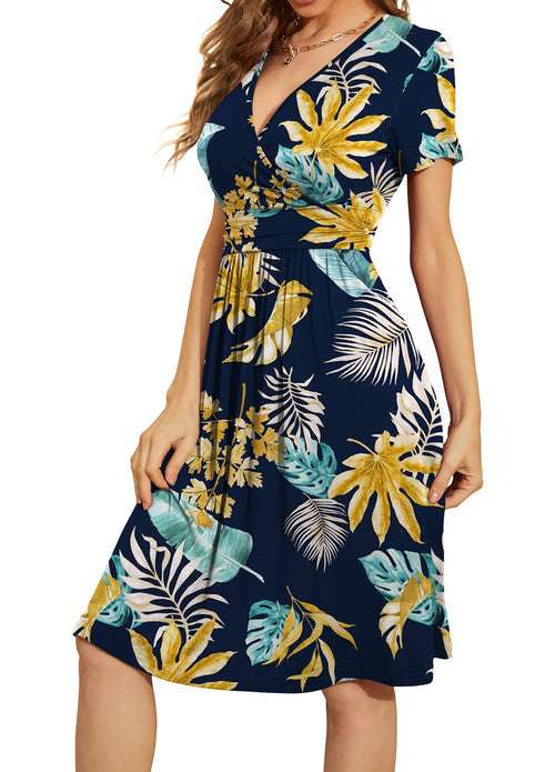 Casual  Short Sleeve V-Neck Floral Party Dress with Pockets