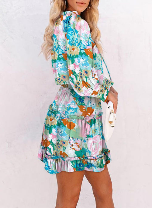 Floral Drawstring V Neck Smocked Long Sleeve Ruffle Tiered Chiffon