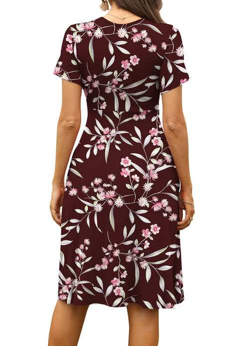 Casual  Short Sleeve V-Neck Floral Party Dress with Pockets