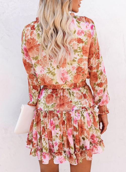 Floral Drawstring V Neck Smocked Long Sleeve Ruffle Tiered Chiffon