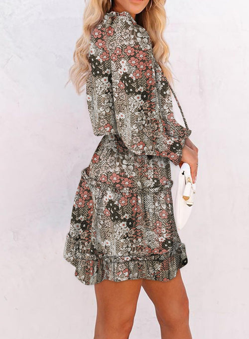 Floral Drawstring V Neck Smocked Long Sleeve Ruffle Tiered Chiffon