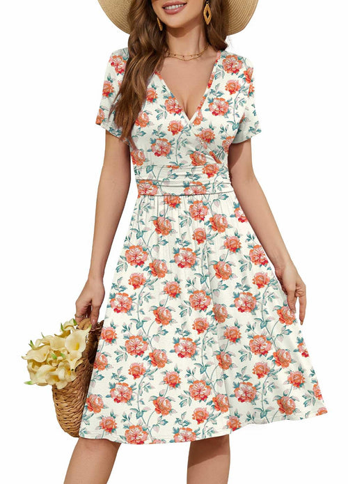 Casual  Short Sleeve V-Neck Floral Party Dress with Pockets