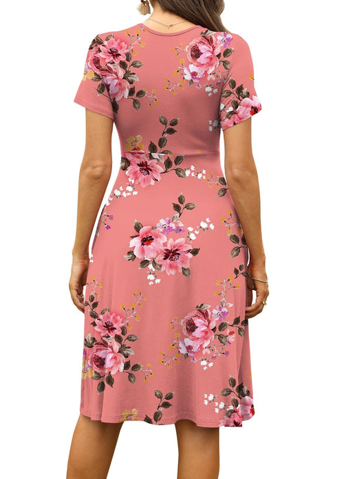 Casual  Short Sleeve V-Neck Floral Party Dress with Pockets