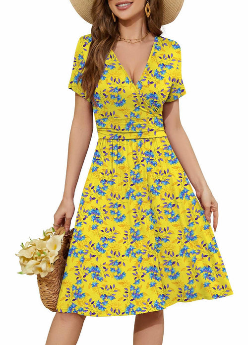 Casual  Short Sleeve V-Neck Floral Party Dress with Pockets