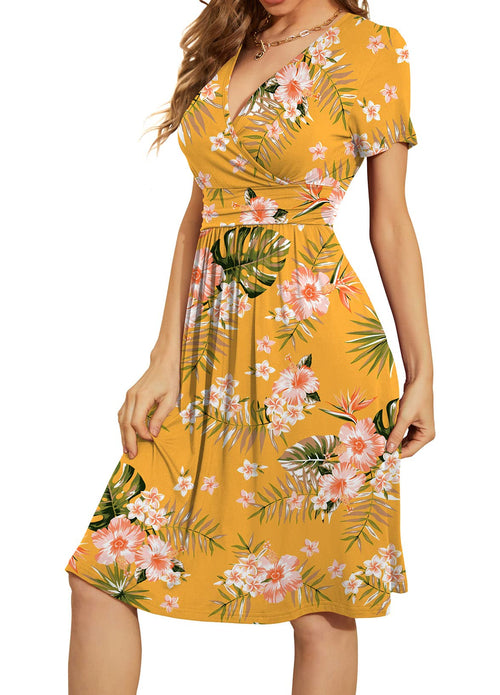 Casual  Short Sleeve V-Neck Floral Party Dress with Pockets