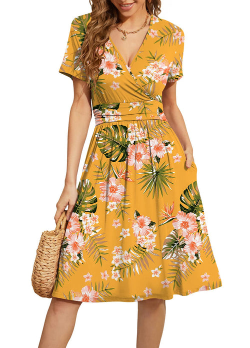 Casual  Short Sleeve V-Neck Floral Party Dress with Pockets