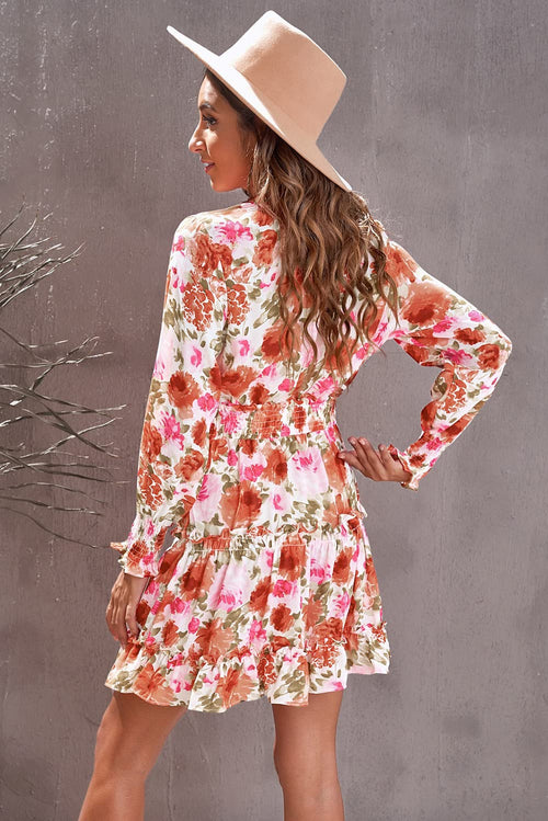 Floral Drawstring V Neck Smocked Long Sleeve Ruffle Tiered Chiffon