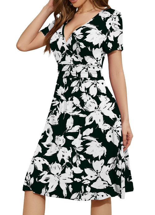 Casual  Short Sleeve V-Neck Floral Party Dress with Pockets