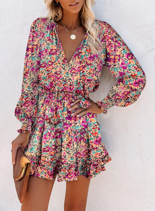 Floral Drawstring V Neck Smocked Long Sleeve Ruffle Tiered Chiffon