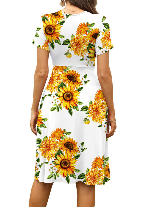 Casual  Short Sleeve V-Neck Floral Party Dress with Pockets