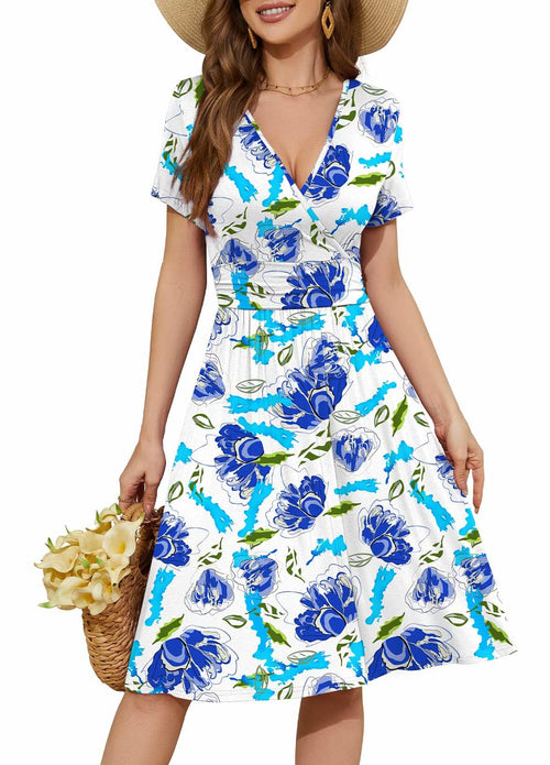 Casual  Short Sleeve V-Neck Floral Party Dress with Pockets