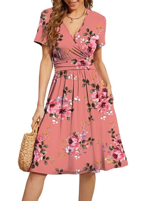 Casual  Short Sleeve V-Neck Floral Party Dress with Pockets