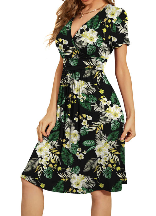 Casual  Short Sleeve V-Neck Floral Party Dress with Pockets