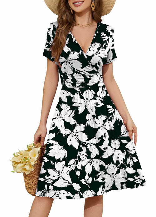 Casual  Short Sleeve V-Neck Floral Party Dress with Pockets