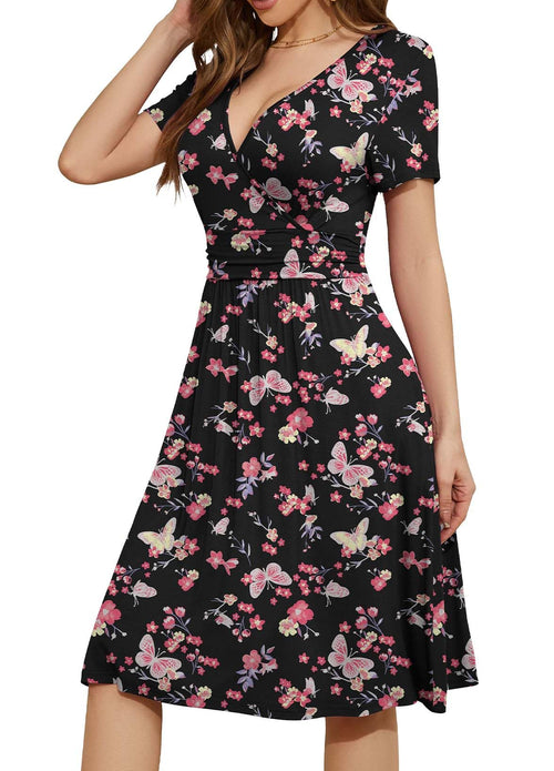 Casual  Short Sleeve V-Neck Floral Party Dress with Pockets