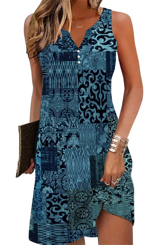 A-Line Elegant Vintage V-Neck Floral Printed Sleeveless