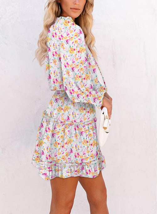 Floral Drawstring V Neck Smocked Long Sleeve Ruffle Tiered Chiffon