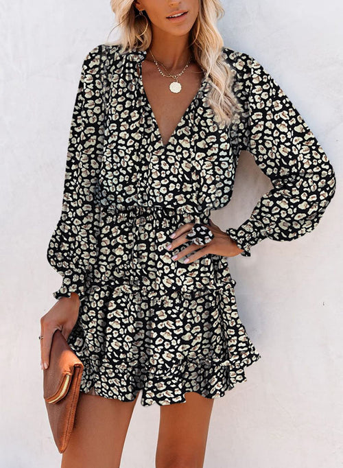 Floral Drawstring V Neck Smocked Long Sleeve Ruffle Tiered Chiffon