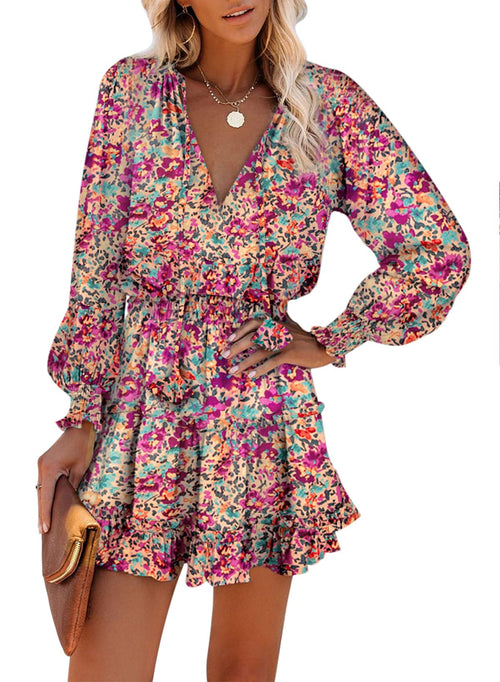 Floral Drawstring V Neck Smocked Long Sleeve Ruffle Tiered Chiffon