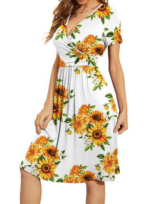 Casual  Short Sleeve V-Neck Floral Party Dress with Pockets