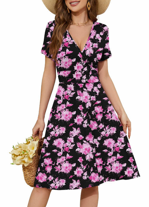 Casual  Short Sleeve V-Neck Floral Party Dress with Pockets