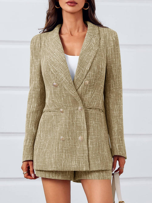 Cicy Bell  2 Piece Tweed Blazer Shorts Sets Long Sleeve Double Breasted Suit Jackets Business Outfit