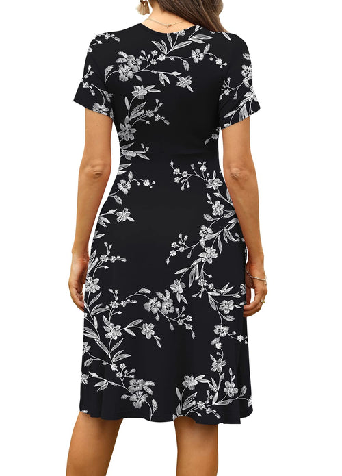 Casual  Short Sleeve V-Neck Floral Party Dress with Pockets