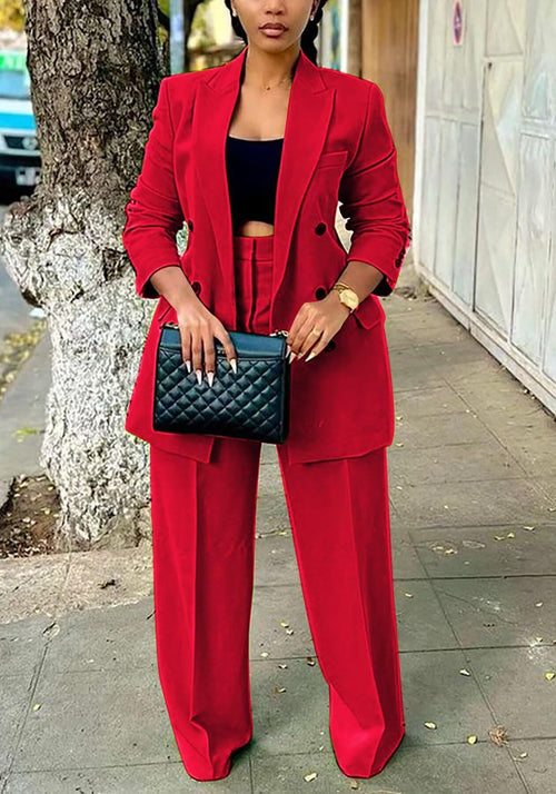 2 Piece Outfits for Women Dressy Double Breasted Blazer Jackets High Waisted Wide Leg Pants Suits Set Casual Business