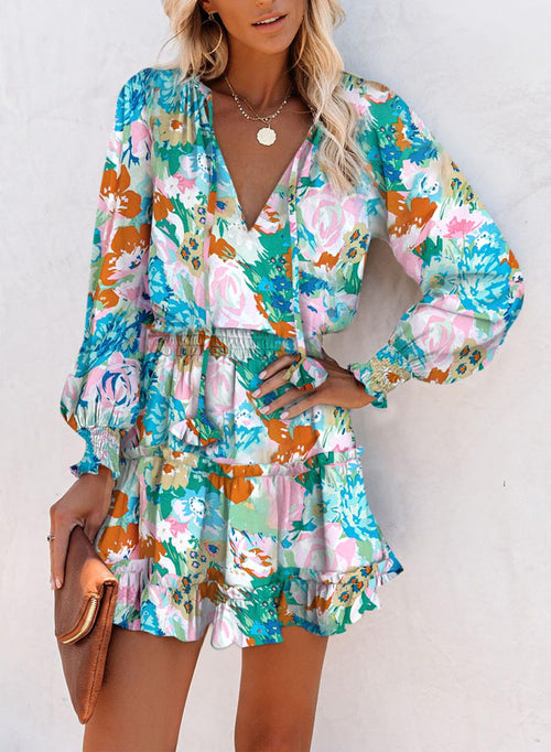 Floral Drawstring V Neck Smocked Long Sleeve Ruffle Tiered Chiffon