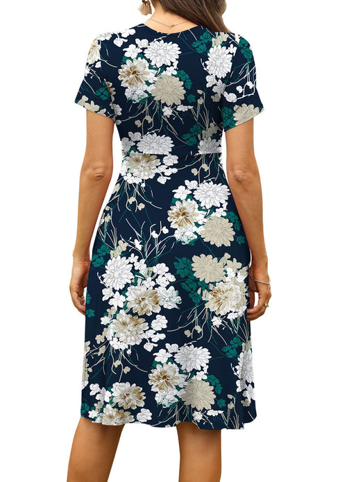 Casual  Short Sleeve V-Neck Floral Party Dress with Pockets