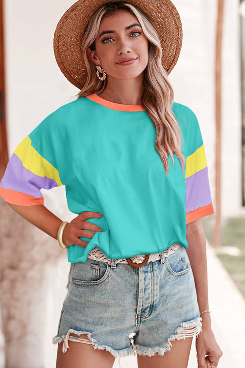 Green Color Block Sleeve Round Neck Oversize