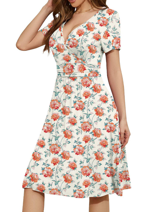 Casual  Short Sleeve V-Neck Floral Party Dress with Pockets