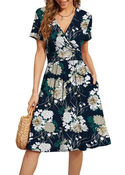 Casual  Short Sleeve V-Neck Floral Party Dress with Pockets