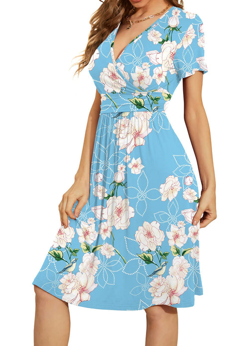 Casual  Short Sleeve V-Neck Floral Party Dress with Pockets