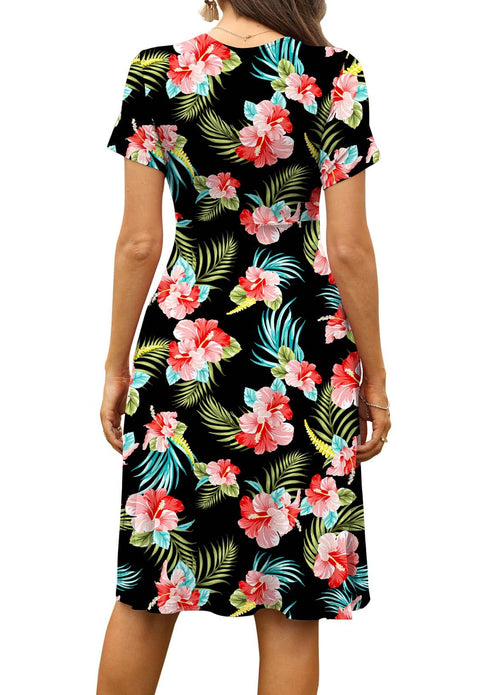 Casual  Short Sleeve V-Neck Floral Party Dress with Pockets