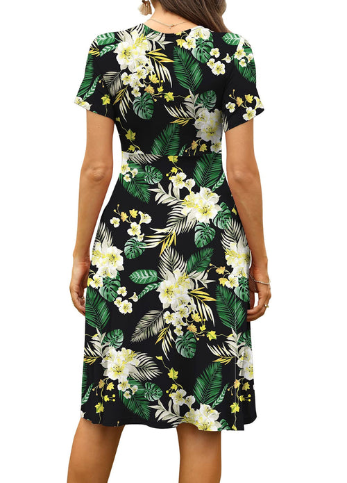 Casual  Short Sleeve V-Neck Floral Party Dress with Pockets