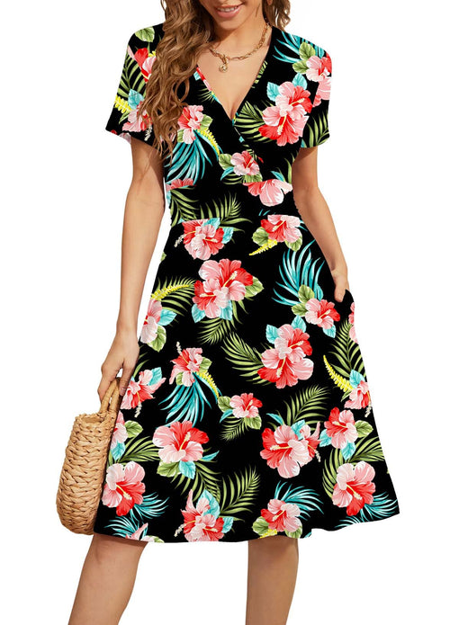 Casual  Short Sleeve V-Neck Floral Party Dress with Pockets