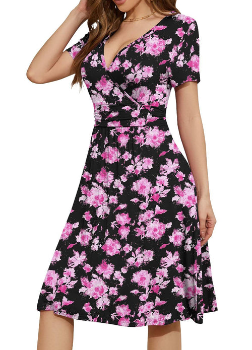 Casual  Short Sleeve V-Neck Floral Party Dress with Pockets