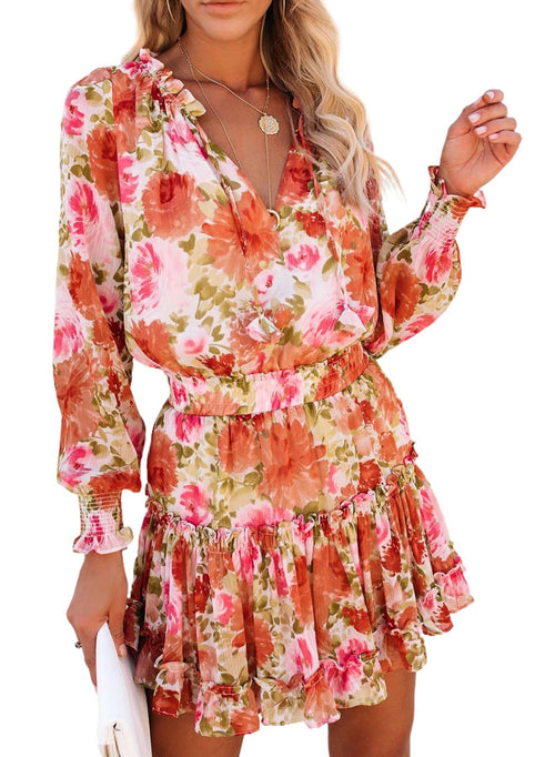 Floral Drawstring V Neck Smocked Long Sleeve Ruffle Tiered Chiffon