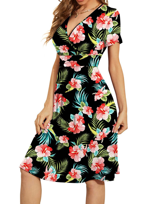 Casual  Short Sleeve V-Neck Floral Party Dress with Pockets