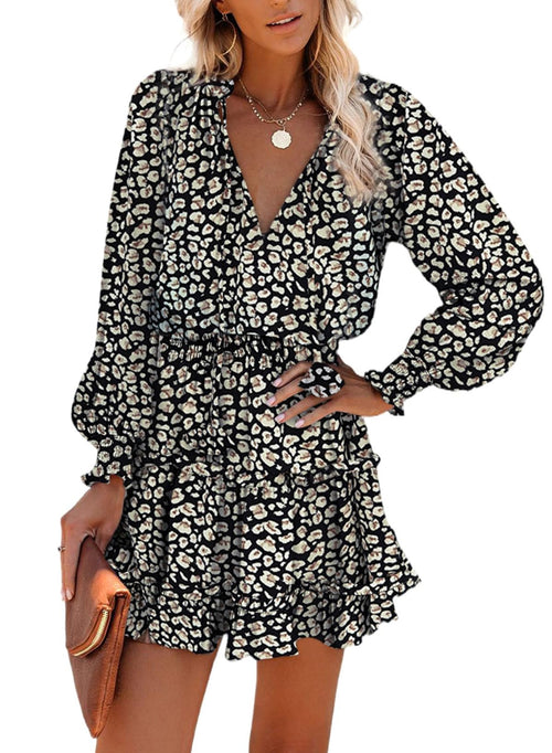 Floral Drawstring V Neck Smocked Long Sleeve Ruffle Tiered Chiffon