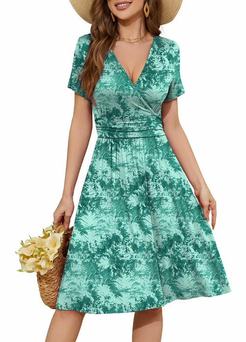 Casual  Short Sleeve V-Neck Floral Party Dress with Pockets