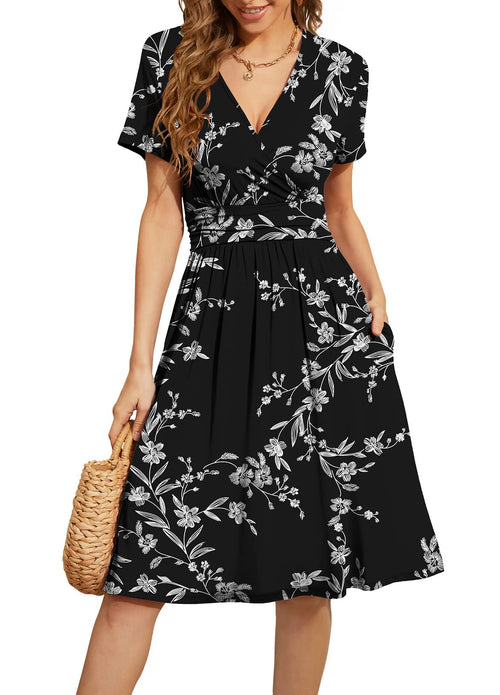 Casual  Short Sleeve V-Neck Floral Party Dress with Pockets