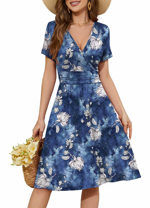 Casual  Short Sleeve V-Neck Floral Party Dress with Pockets